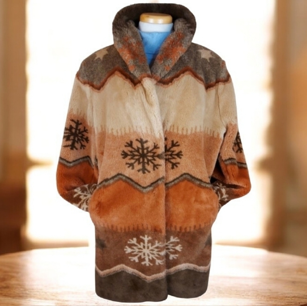 Vintage Long Faux Fur Jacket Snowflake Winter Scene Teeddy Coat Artfur by Duffel